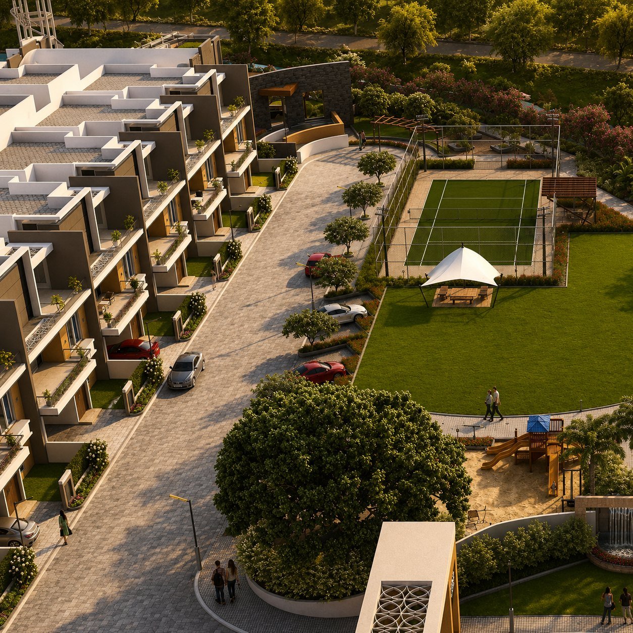 Courts, lawn and play area